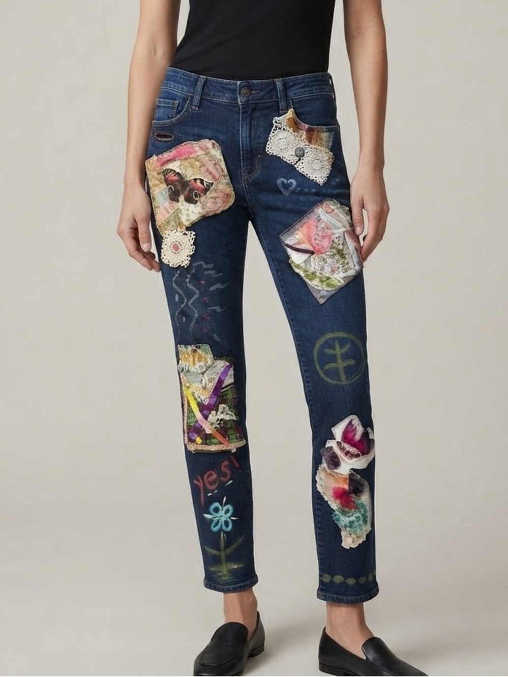 Upcycled Artistic Custom Painted and Patched Denim Jeans Size 14